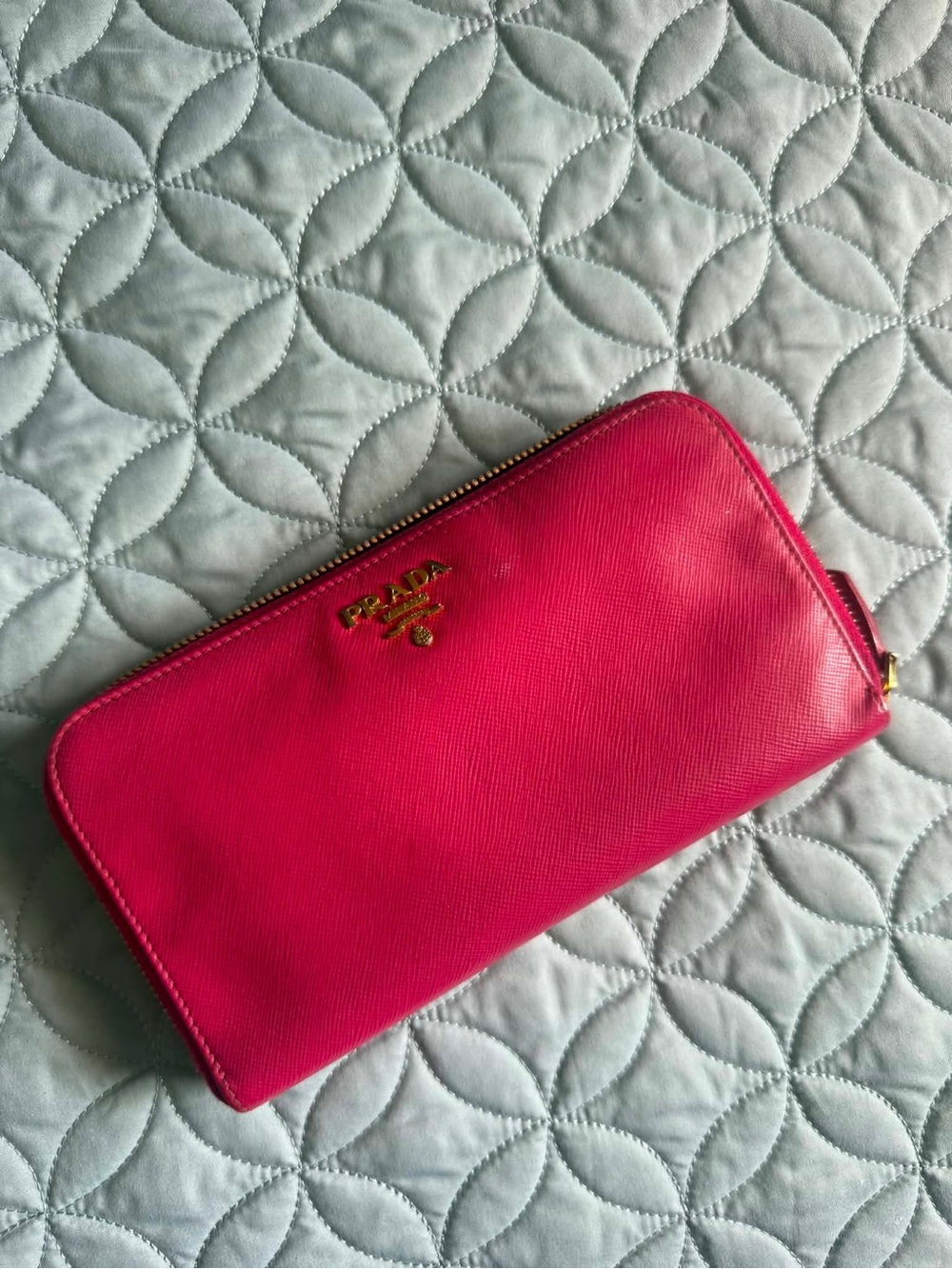 Prada Bright Pink Saffiano Zip-Around Wallet with Gold Logo